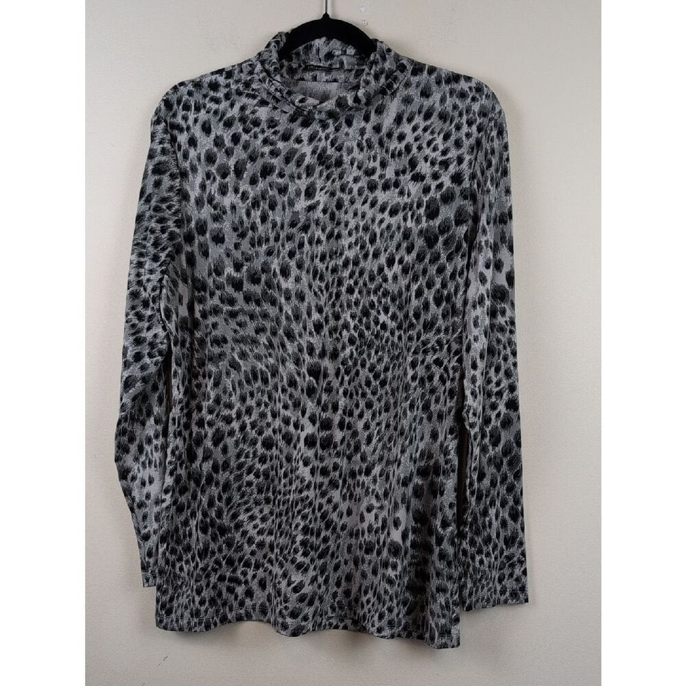 J McLaughlin Gray and Black Leopard Print Long Sleeve Turtleneck Top Size XL